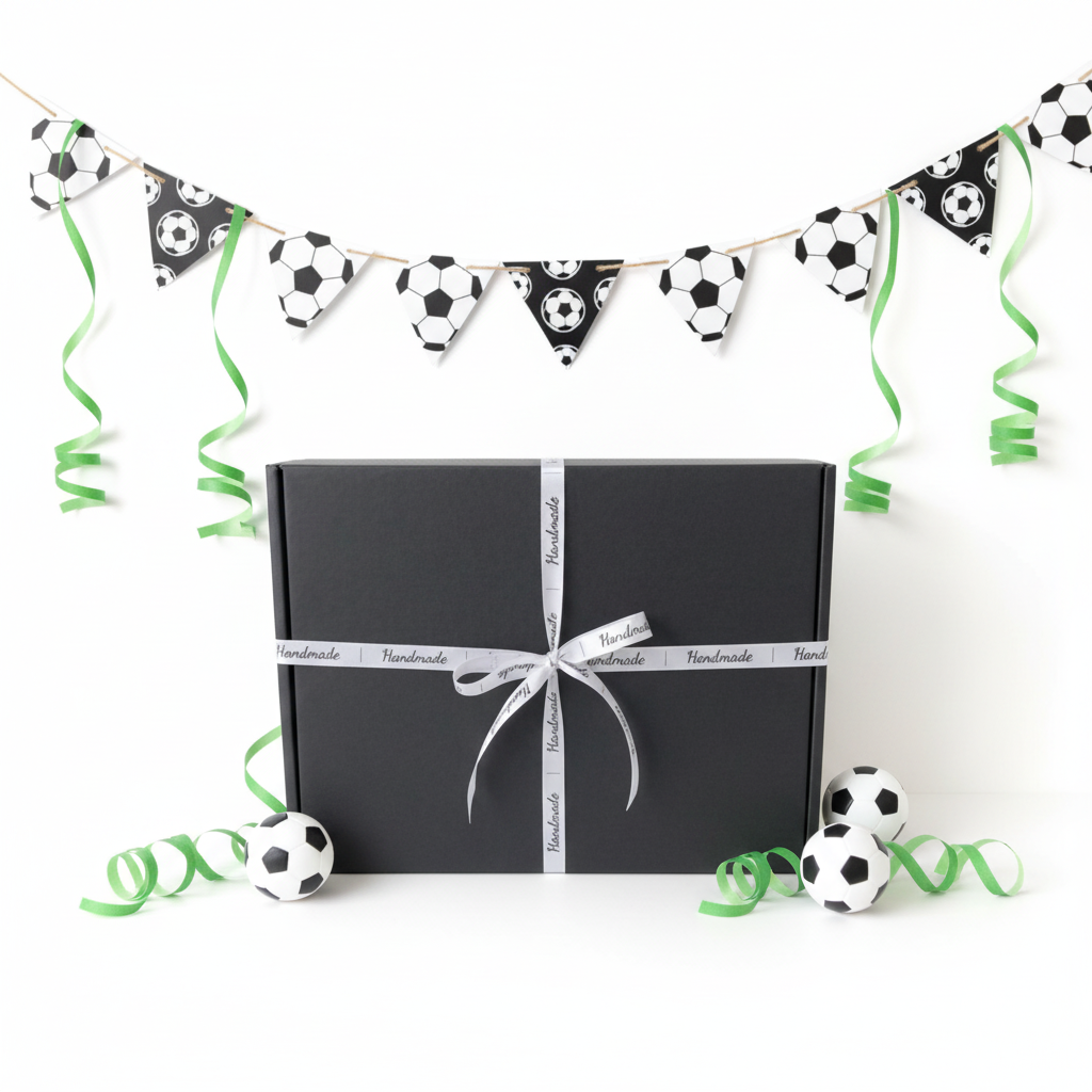 Black handmade football gift box with white Handmade ribbon, handmade in the UK