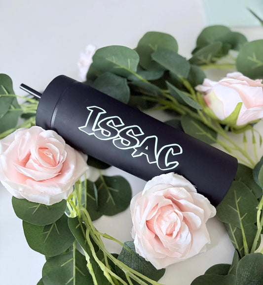 Close up of matte black personalised water bottle showing custom engraving detail - 16oz bottle UK