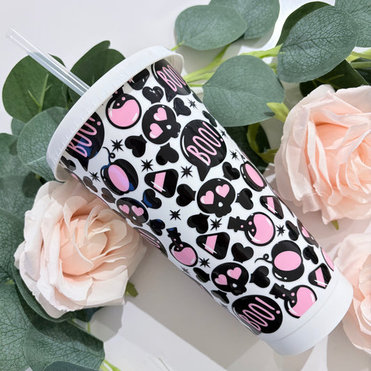 Close up of Boo Love cold cup showing ghost and heart design - personalised 24oz tumbler UK