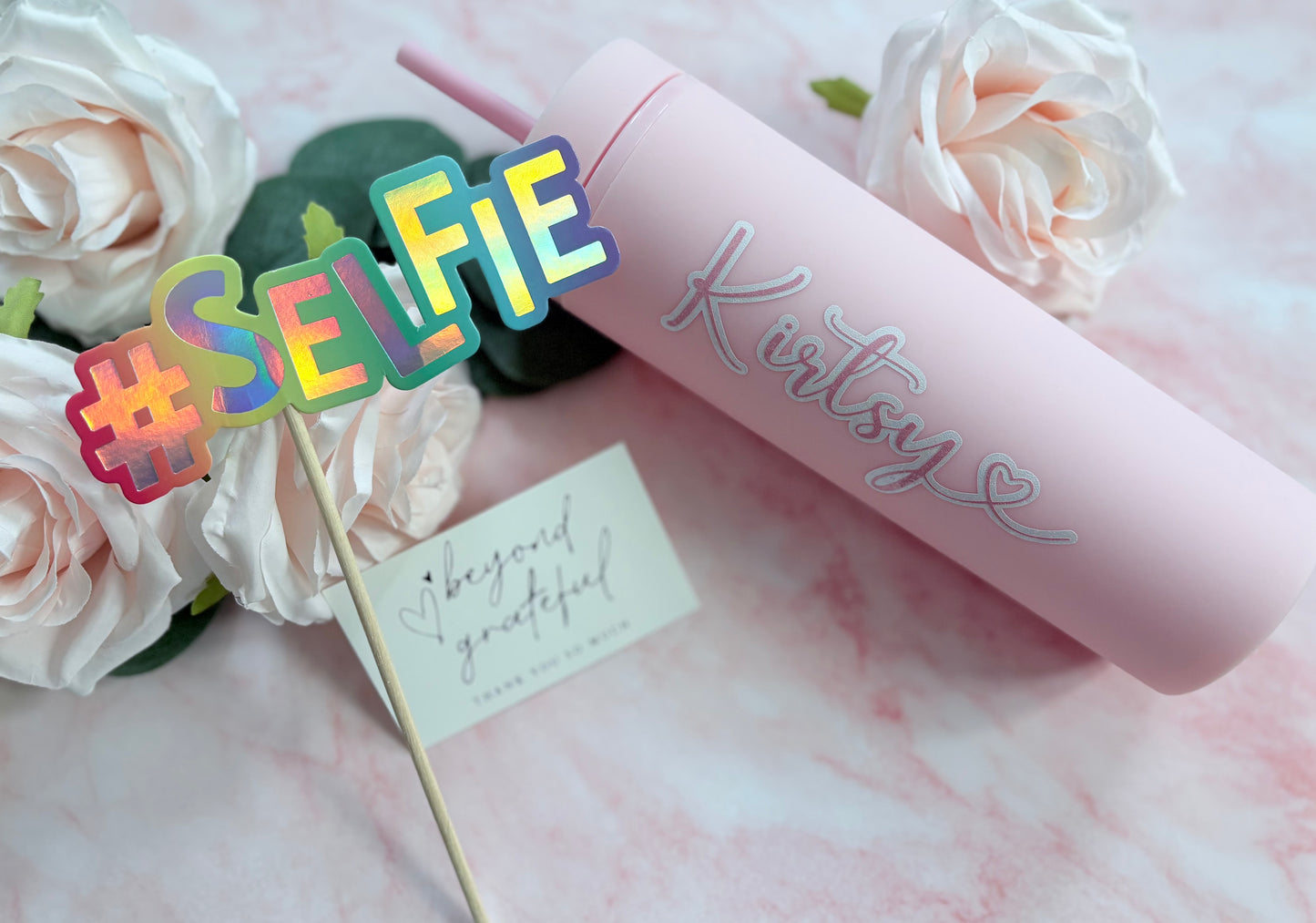 Personalised pink 16oz bottle with lid - handmade custom engraved drinkware gift