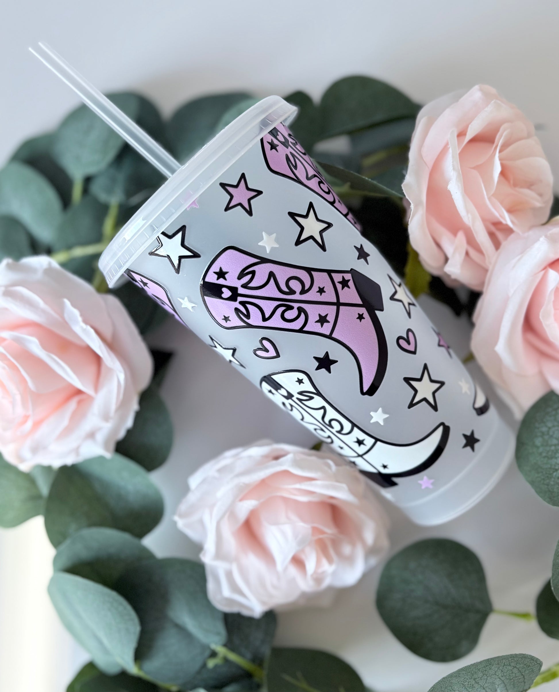 Close up of Cowboy Boots cold cup showing western boot design - personalised 24oz tumbler UK