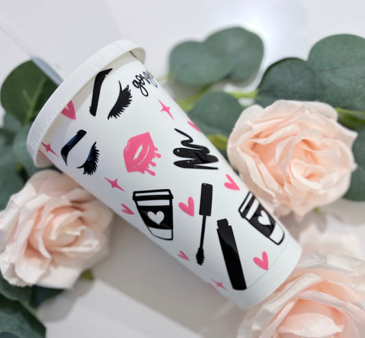 Close up of Gorgeous cold cup with makeup and coffee design - personalised 24oz tumbler UK
