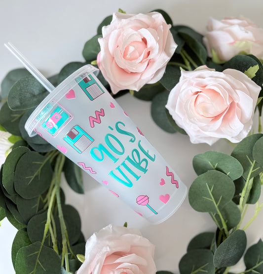 Close up of 90's Vibe cold cup showing retro design detail - personalised 24oz tumbler UK