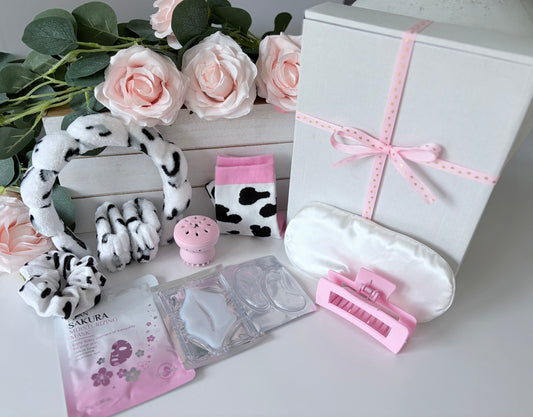 Close up of Mini Animal Print Pamper box showing spa themed contents - personalised pamper gift UK