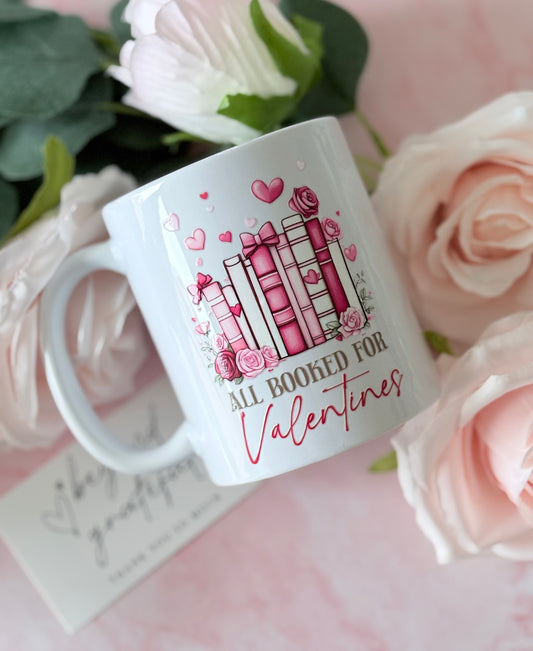 All Booked For Valentines personalised mug with book and heart design - handmade Valentine's gift UK
