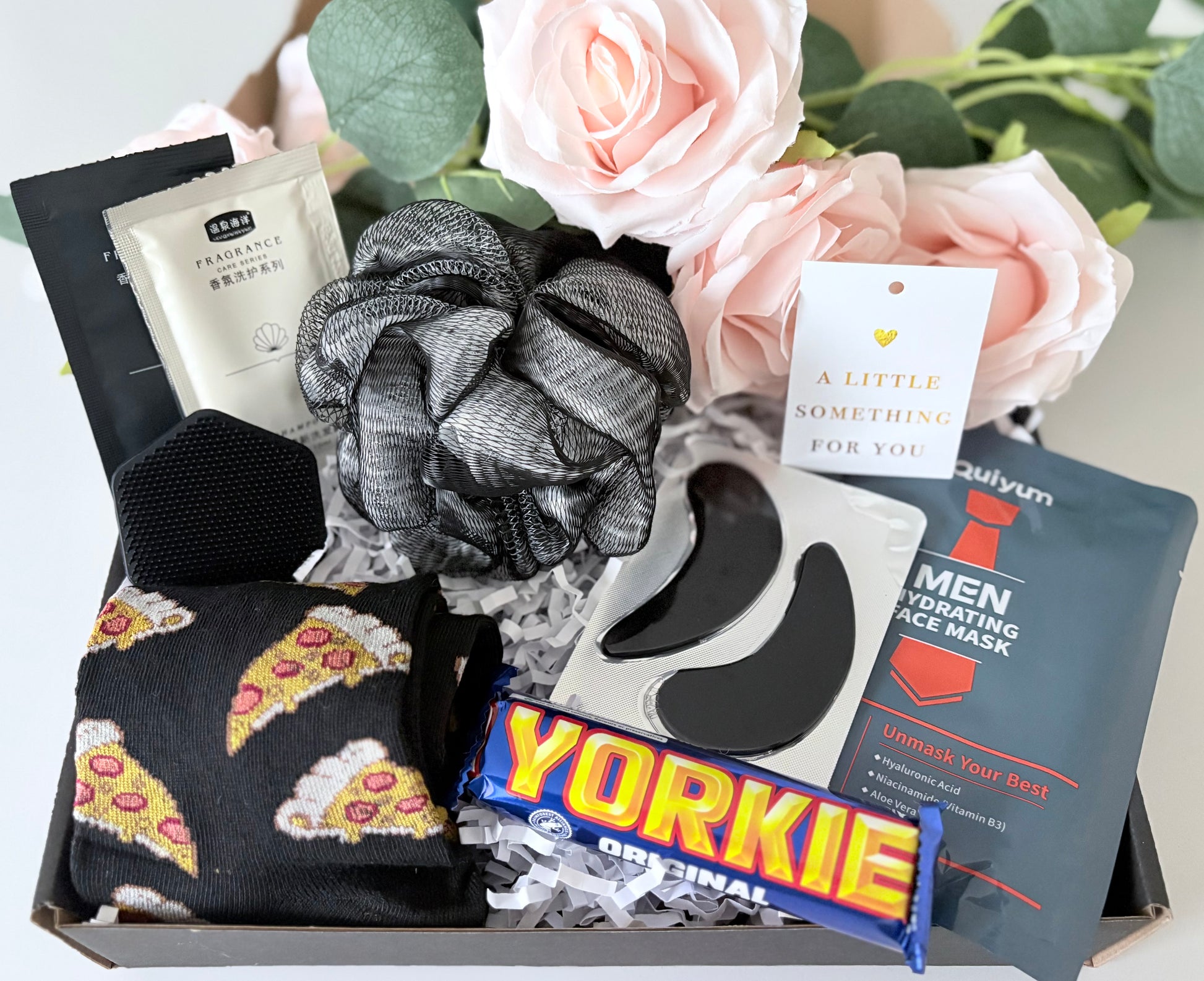 Close up of Mini Pamper For Him box showing spa themed contents - personalised men's pamper gift UK