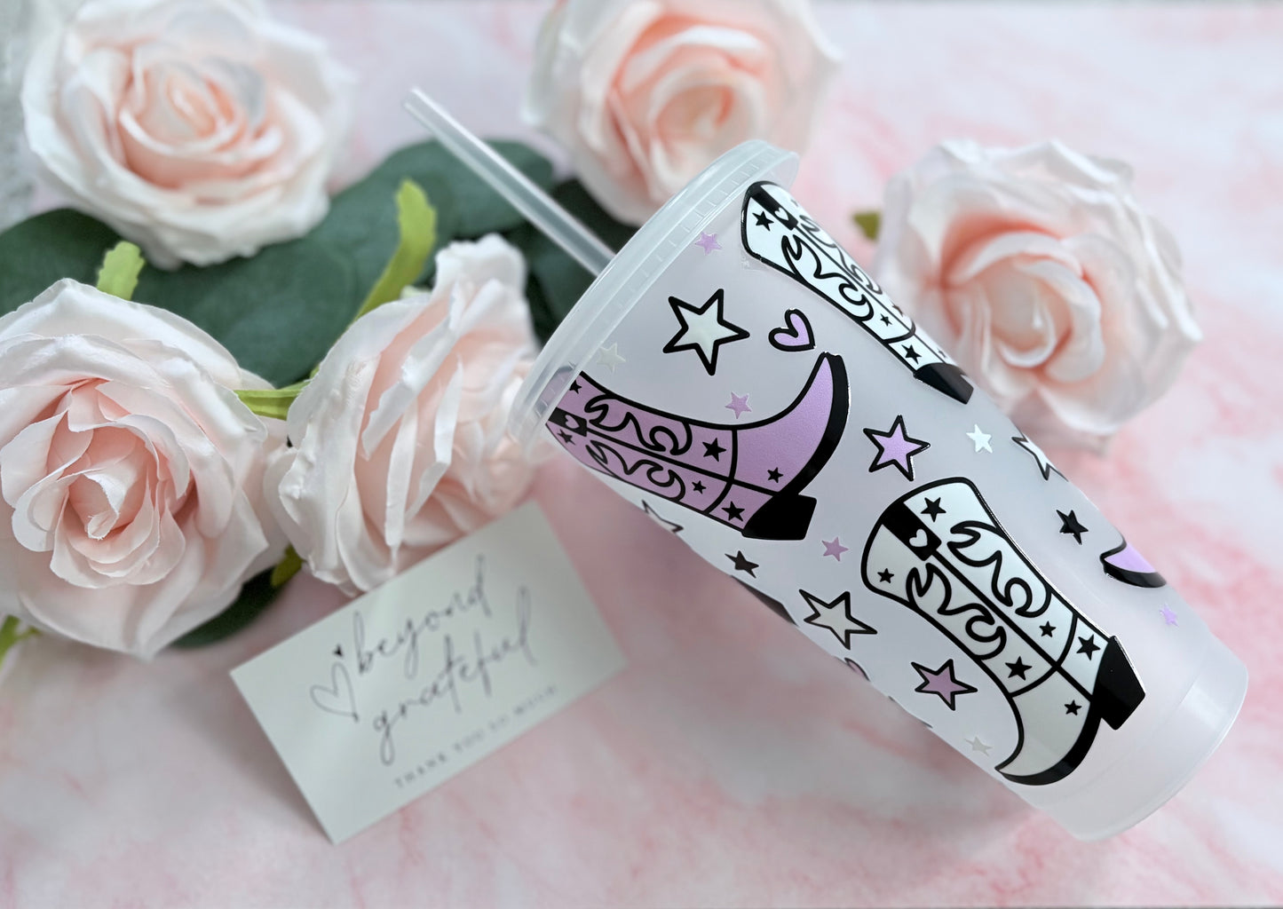 Personalised 24oz cold cup with straw featuring cowboy boots design - handmade drinkware gift