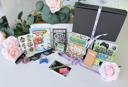 Close up of Gaming Gift Box showing video game themed contents - personalised children's gift UK