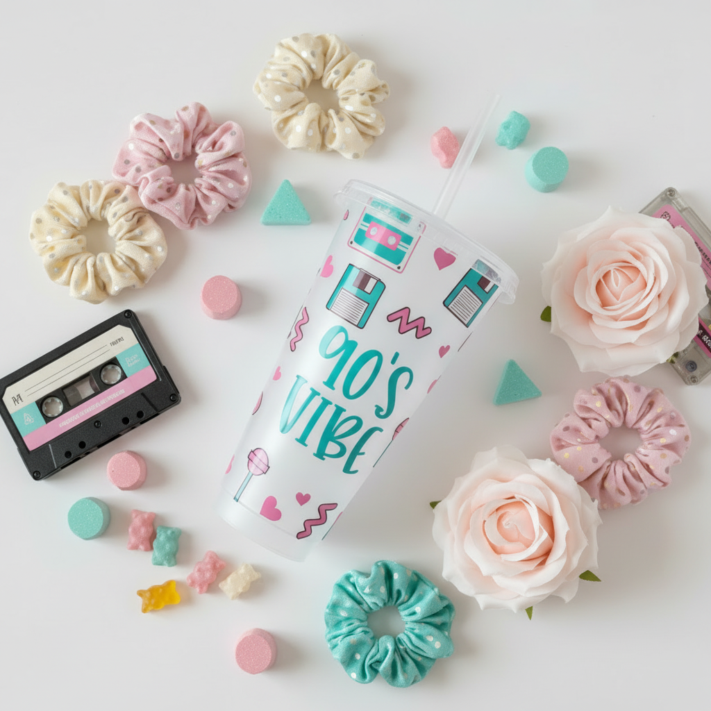 90's Vibe 24oz cold cup UK handmade with retro cassette tape and floppy disk design styled with pink roses on marble background