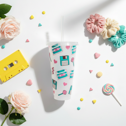 90's Vibe 24oz cold cup UK flat lay with retro cassette tape, scrunchies, and nostalgic 90's props on white background