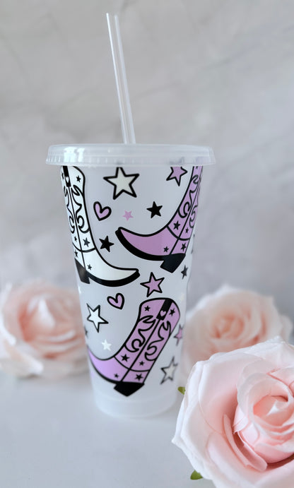 Cowboy Boots 24oz personalised cold cup with western theme - custom tumbler gift UK