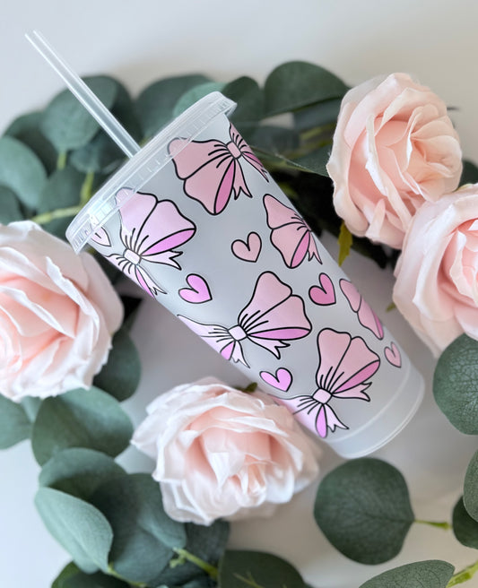 Close up of Pink Bow cold cup showing bow design detail - personalised 24oz tumbler UK