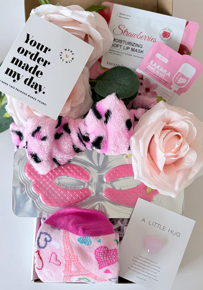 Close up of Pocket Love Pamper box showing spa themed contents - personalised pamper gift UK