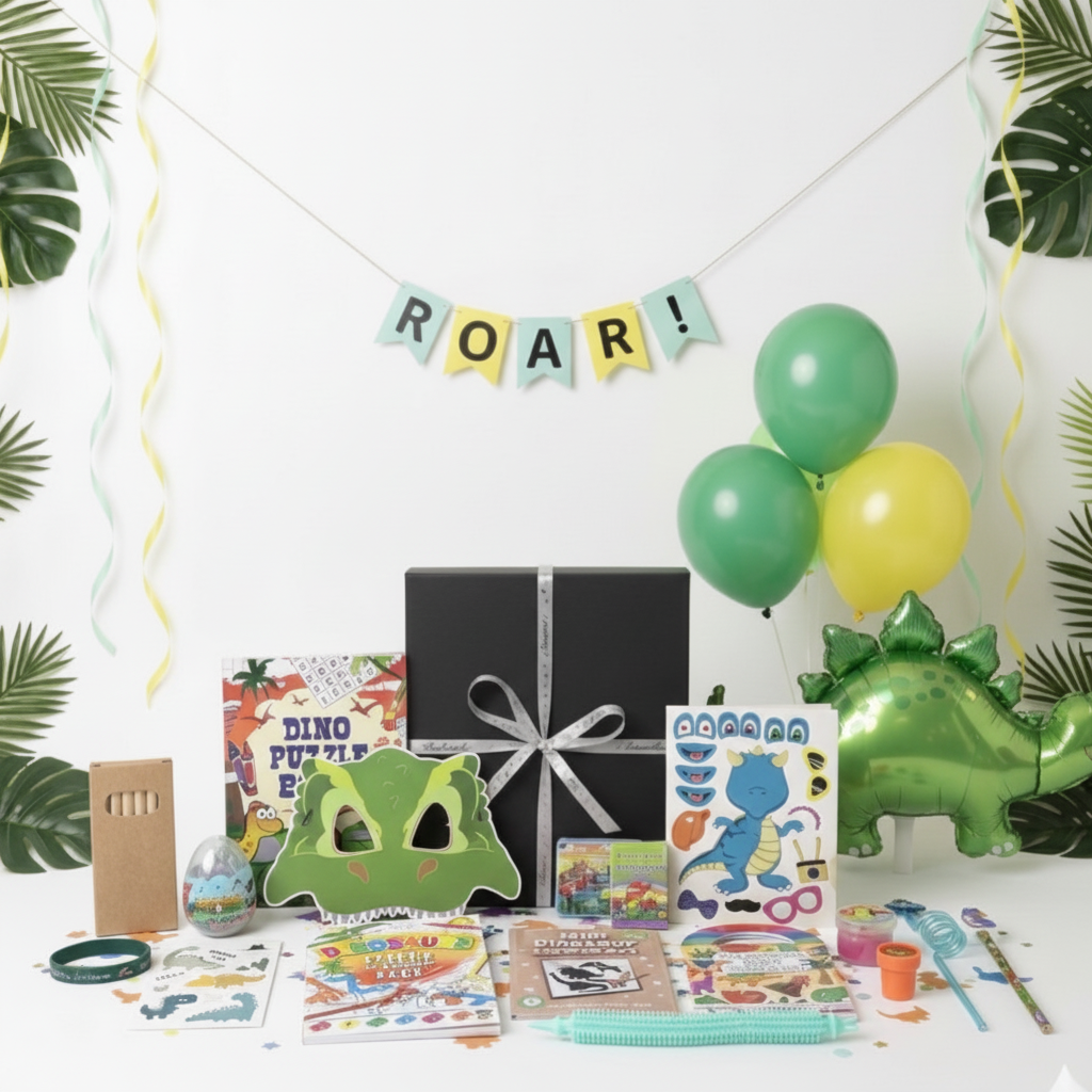 Dinosaur party box contents including T-rex mask, puzzle book, colouring book, reusable straw, scratch art, colour by numbers book, wristband, fidget toy, tattoos, pencil, straw and dinosaur egg UK