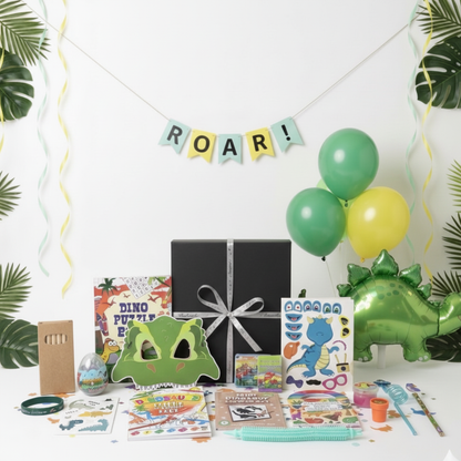 Dinosaur party box contents including T-rex mask, puzzle book, colouring book, reusable straw, scratch art, colour by numbers book, wristband, fidget toy, tattoos, pencil, straw and dinosaur egg UK