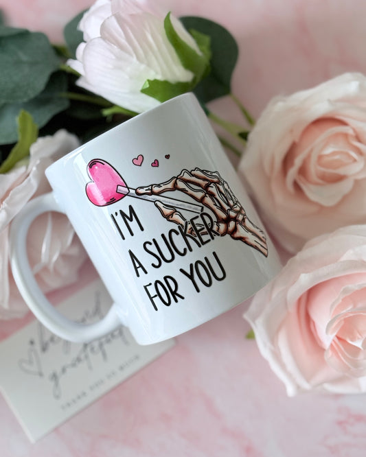 I'm A Sucker For You personalised Valentine's mug with lollipop design - romantic gift UK