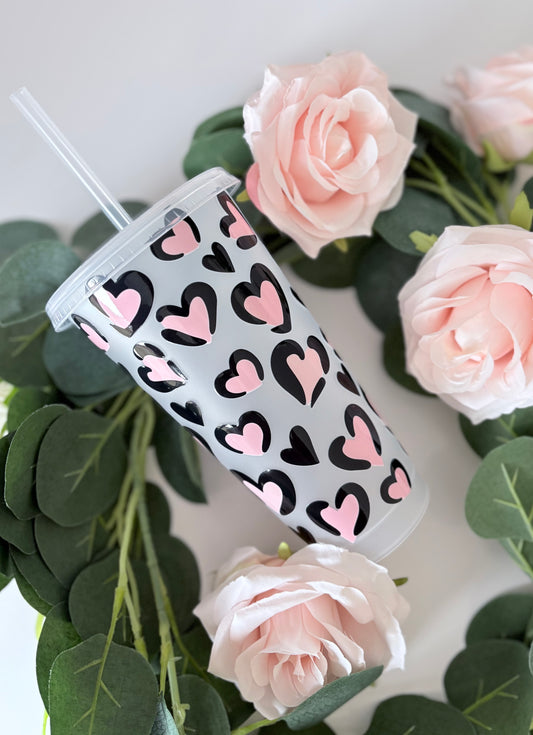 Close up of Love Heart cold cup showing heart design detail - personalised 24oz tumbler UK