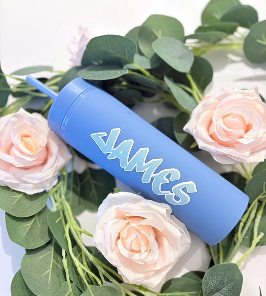 Close up of blue personalised water bottle showing custom engraving detail - 16oz bottle UK