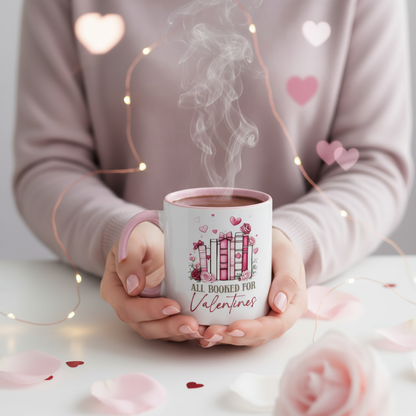 All Booked for Valentines mug UK hand held with steaming coffee - book lover gift mug lifestyle shot
