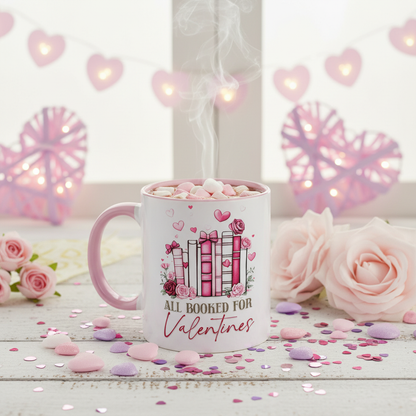 All Booked for Valentines mug UK with pastel pink and purple hearts - book lover ceramic mug with pink handle