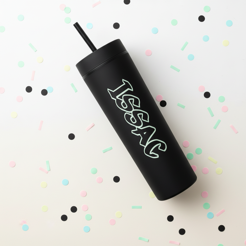 Personalised matte black water bottle with custom name in bubble letters with mint green outline, UK handmade gift for boys birthday with pastel confetti on clean white background