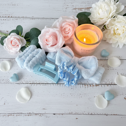 Blue fluffy bow headband, fluffy wristbands, satin scrunchie and blue hair claw clip pamper gift UK