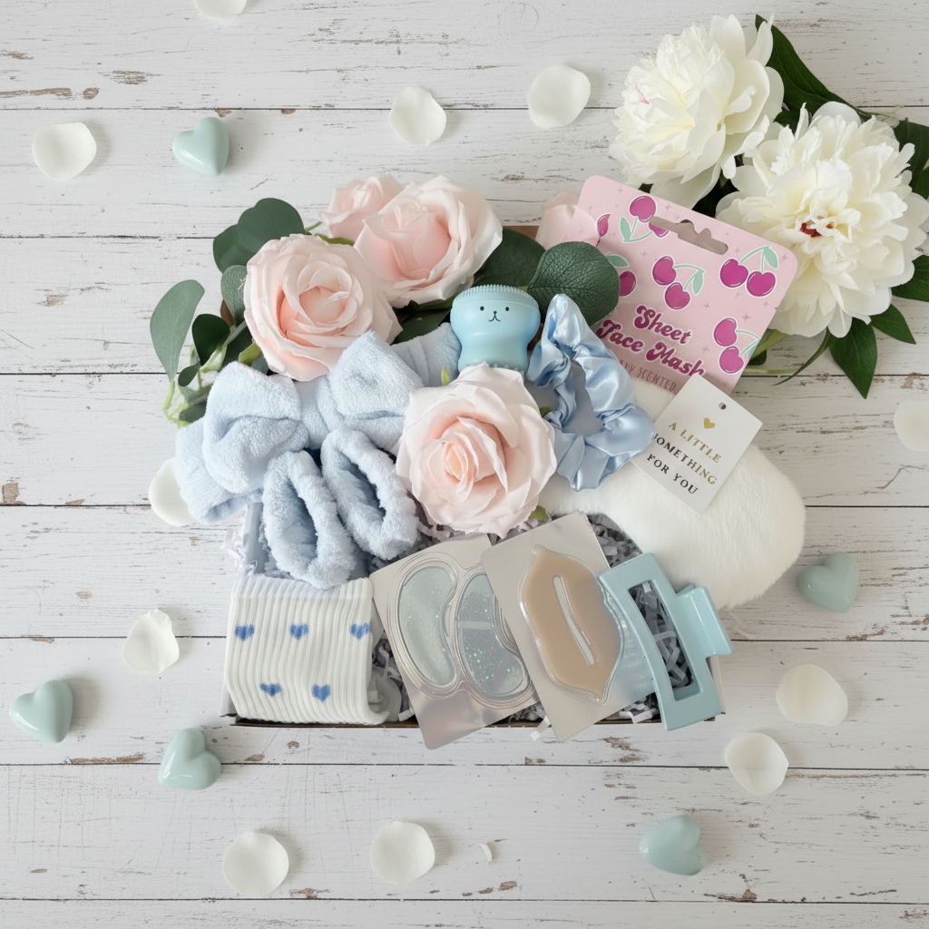 Blue pamper gift box UK containing blue spa headband, wristbands, satin scrunchie, octopus face brush, heart socks, eye gel pads, lip mask, hair claw clip and cherry sheet face mask pamper gift