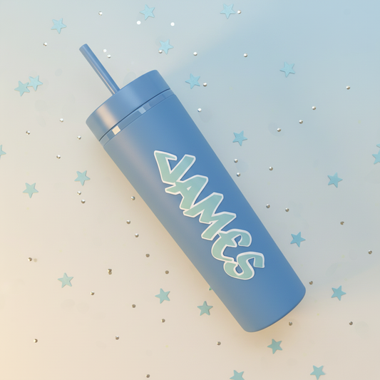 Personalised blue water bottle with custom name in bubble letters, UK handmade gift for boys birthday or celebration with elegant star confetti
