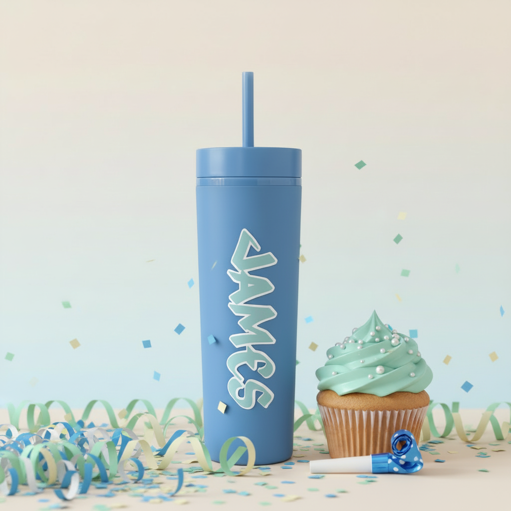 Personalised blue water bottle with custom name, UK handmade gift for boys, standing next to mint frosted cupcake with party blower and pastel streamers on pastel background