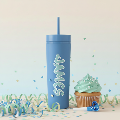 Personalised blue water bottle with custom name, UK handmade gift for boys, standing next to mint frosted cupcake with party blower and pastel streamers on pastel background