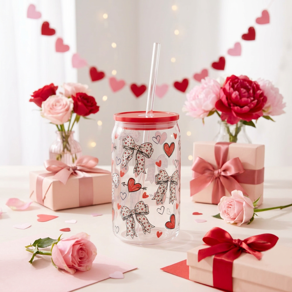 Bows and Hearts plastic can cup with patterned bows, red and pink hearts, red lid and clear straw.