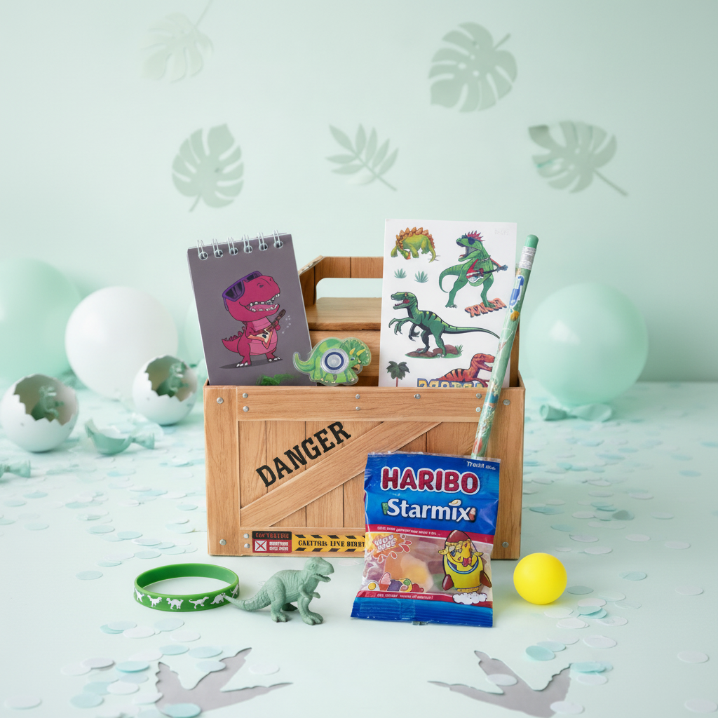 Boys' mini dinosaur gift box contents including dino notepad, tattoo sheet, dino pencil, fidget spinner, silicone wristband, bouncy ball and Haribo sweets, handmade in the UK
