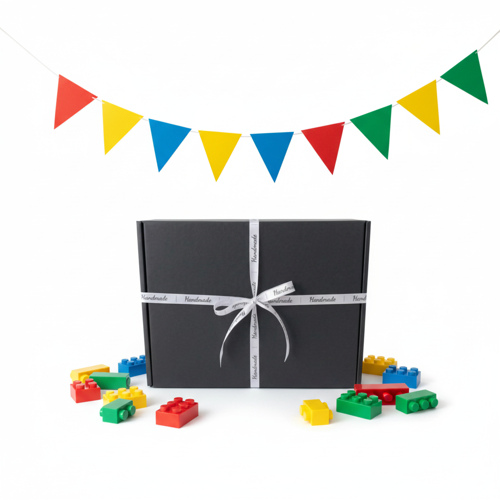 Black handmade gift box, Brickz themed children's gift box handmade in the UK