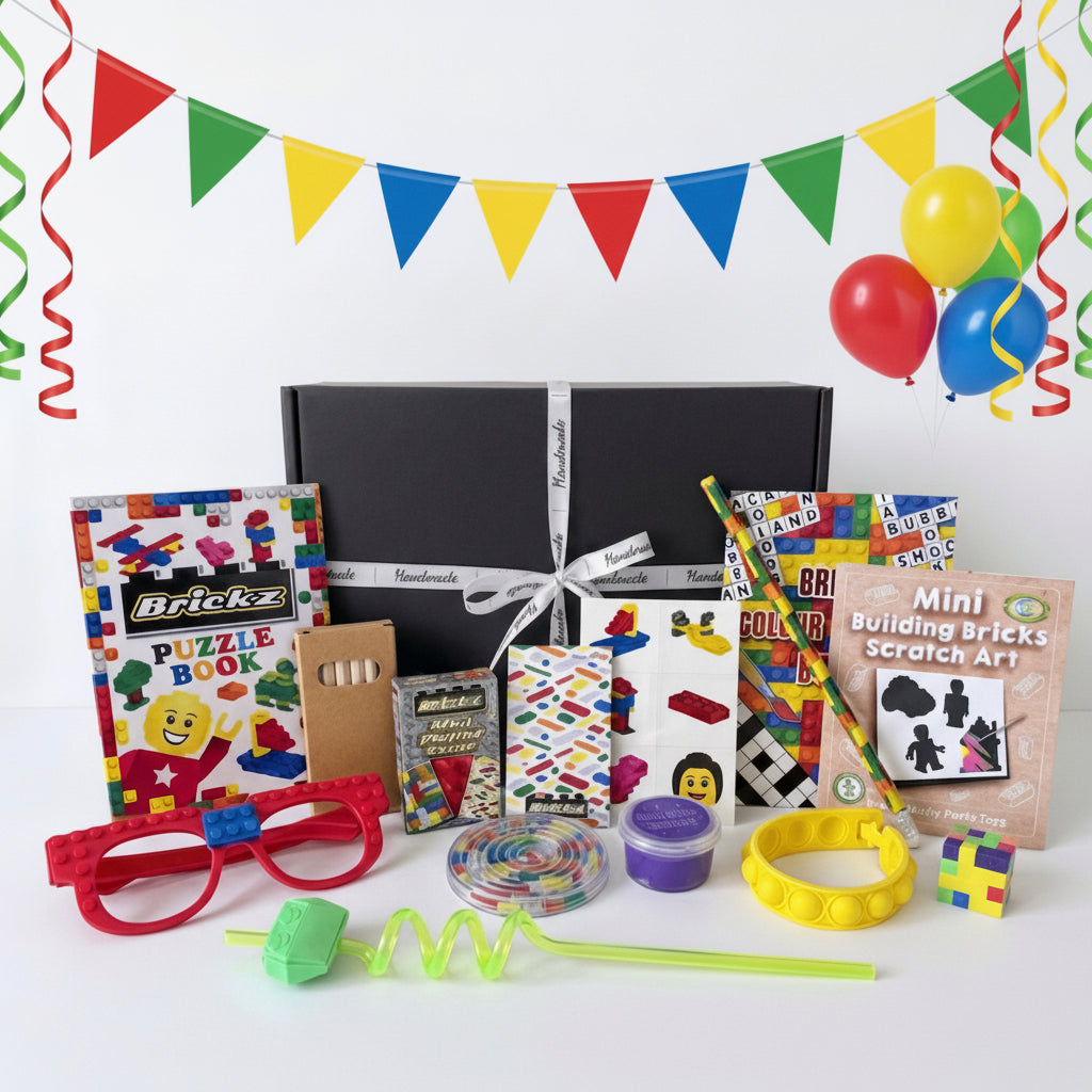 Brickz building bricks themed children's gift box, handmade in the UK, including puzzle book, scratch art, mini playing cards, novelty glasses, slime, bracelet and more
