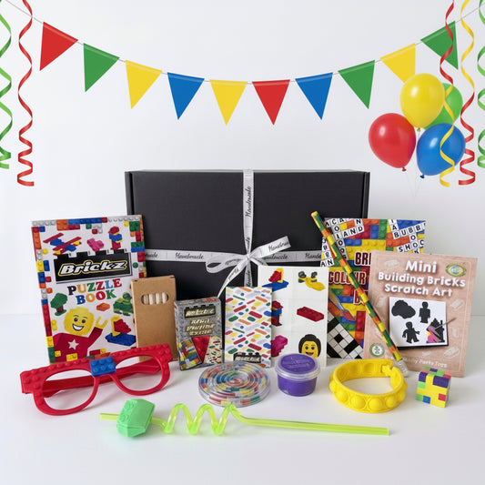 Brickz building bricks themed children's gift box, handmade in the UK, including puzzle book, scratch art, mini playing cards, novelty glasses, slime, bracelet and more