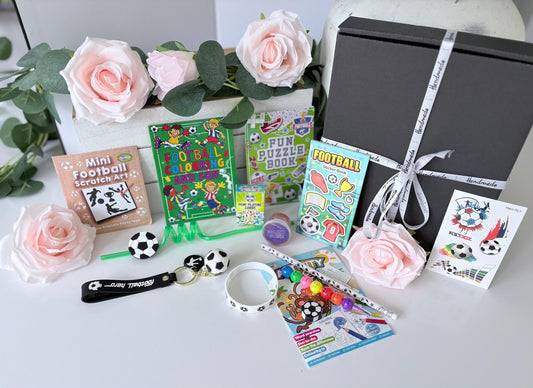 Close up of Football Gift Box showing football themed contents - personalised children's gift UK