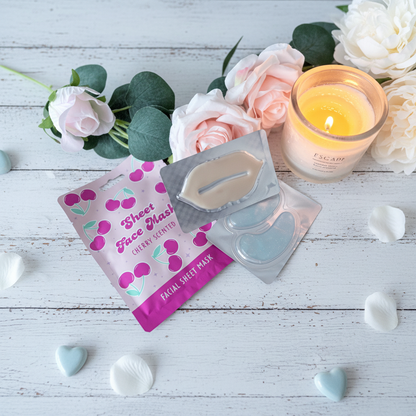 Cherry scented sheet face mask, lip mask and eye gel pads pamper gift UK