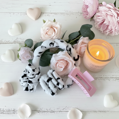 Cow print spa headband, scrunchie, wristbands and pink hair claw clip pamper gift UK