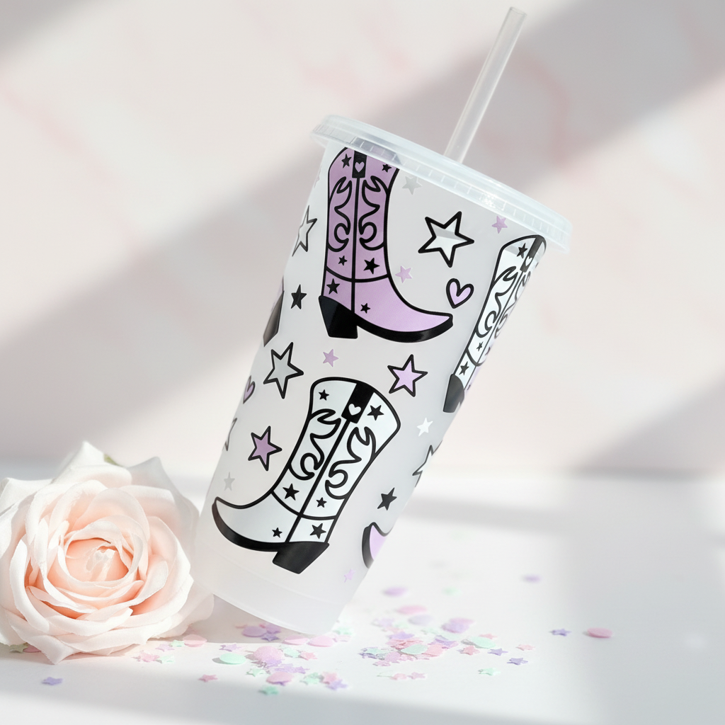  Cowboy Boots cold cup lifestyle shot with pastel styling - 24oz personalised drinkware gift UK