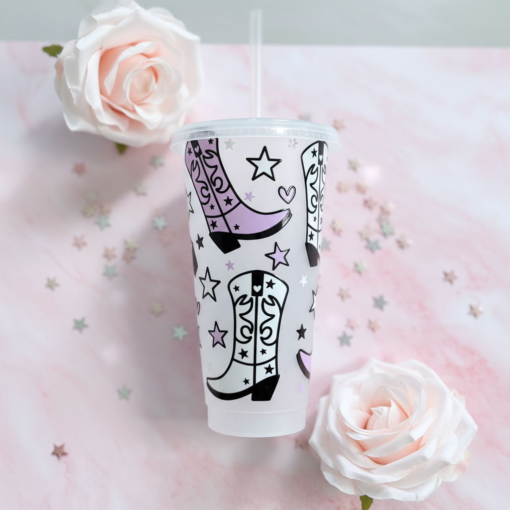Western-themed 24oz cold cup with pastel roses - personalised cowboy boots tumbler UK