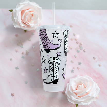 Western-themed 24oz cold cup with pastel roses - personalised cowboy boots tumbler UK