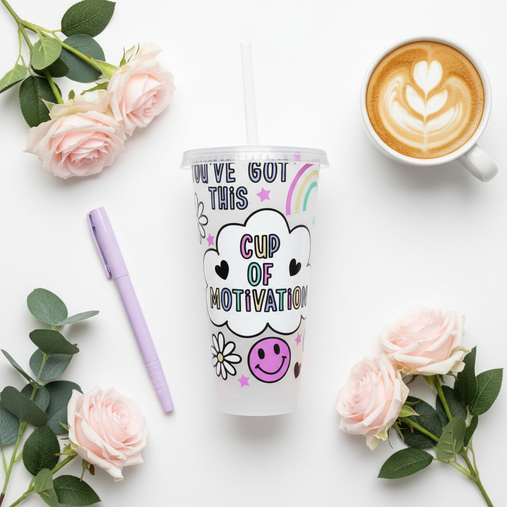 Cup of Motivation 24oz Cold Cup UK flat lay with coffee, pastel pink roses and eucalyptus on white background
