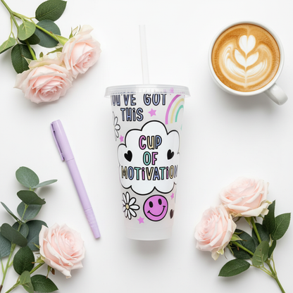 Cup of Motivation 24oz Cold Cup UK flat lay with coffee, pastel pink roses and eucalyptus on white background