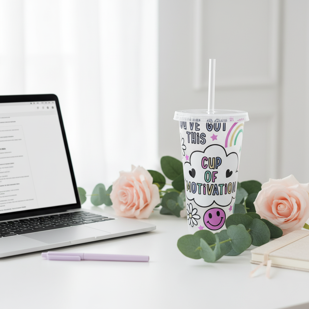 Cup of Motivation 24oz Cold Cup UK on workspace desk with laptop, pastel pink roses and eucalyptus - motivational lifestyle shot