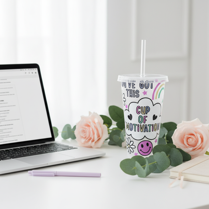 Cup of Motivation 24oz Cold Cup UK on workspace desk with laptop, pastel pink roses and eucalyptus - motivational lifestyle shot
