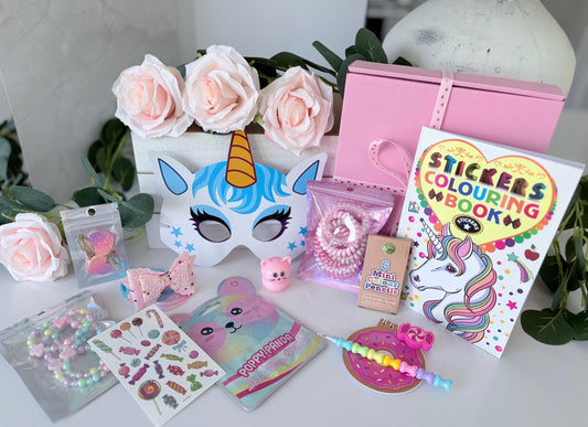 Close up of Girls Gift Box showing pink themed contents - personalised children's gift UK