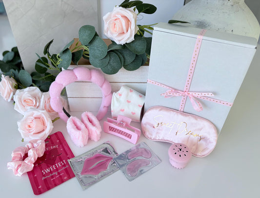 Close up of Mini Pink Pamper box showing spa themed contents - personalised pamper gift UK