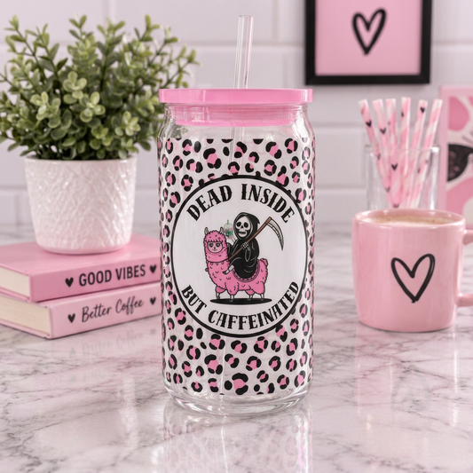 Dead Inside But Caffeinated 16oz plastic can cup with pink leopard print, grim reaper riding a llama, pink lid and clear straw