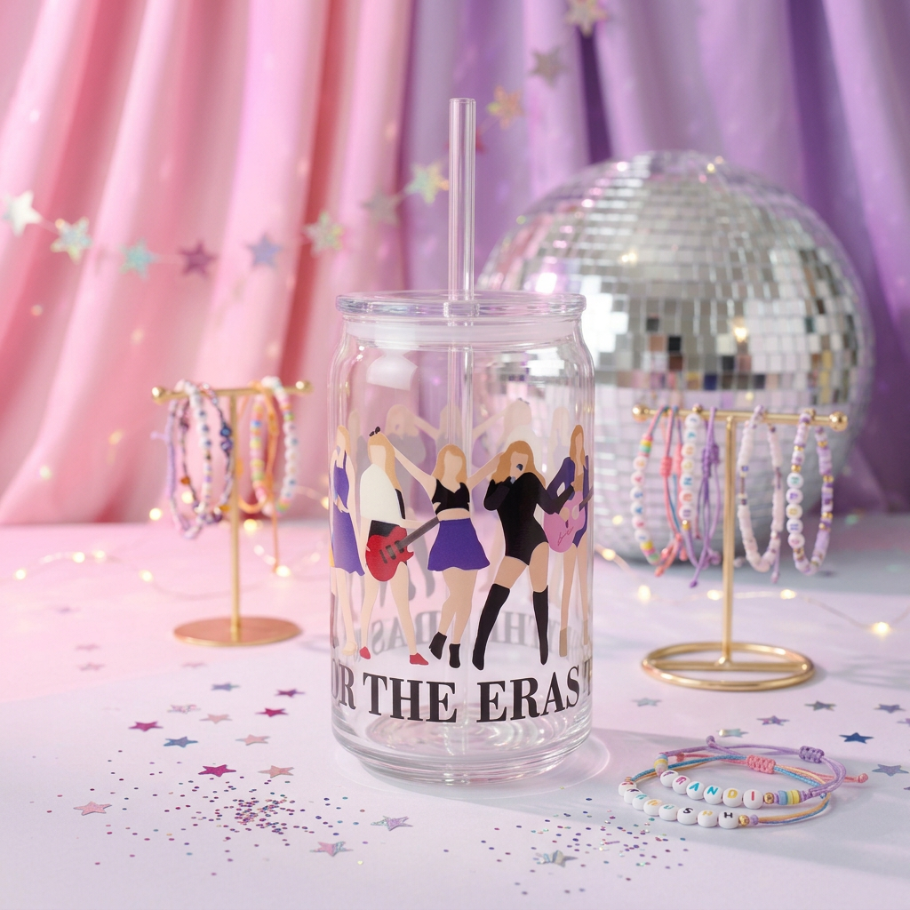 Eras Tour 16oz plastic can cup with colourful performer silhouettes, clear lid and clear straw.