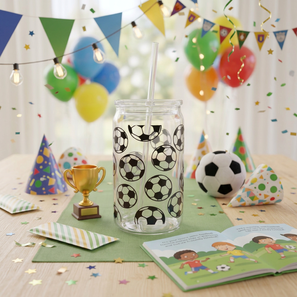 Football 16oz plastic can cup with an all-over black and white football design, clear lid and clear straw.